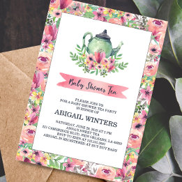 Roze Floral Baby shower Tea Party Invitation Kaart
