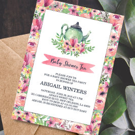 Roze Floral Baby shower Tea Party Invitation Kaart