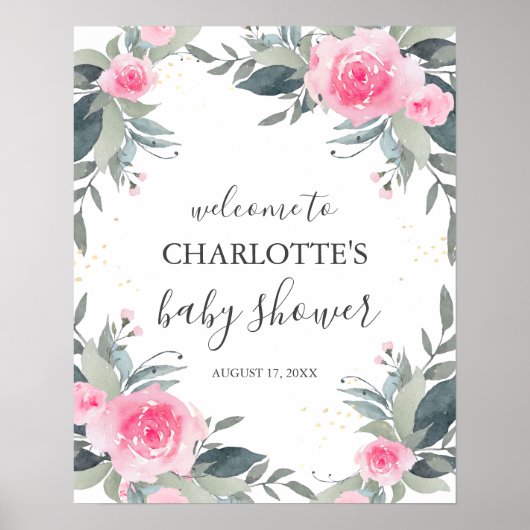 Roze Floral Baby shower Welkomstteken Poster (Voorkant)