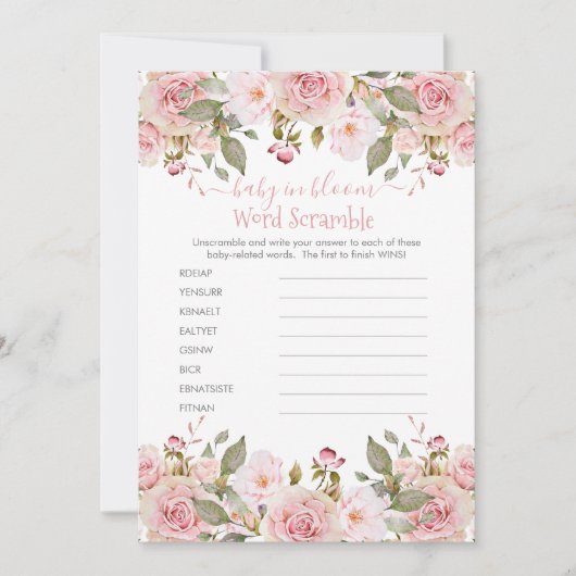 Roze Floral Baby shower Word Scramble Game Kaart (Voorkant)