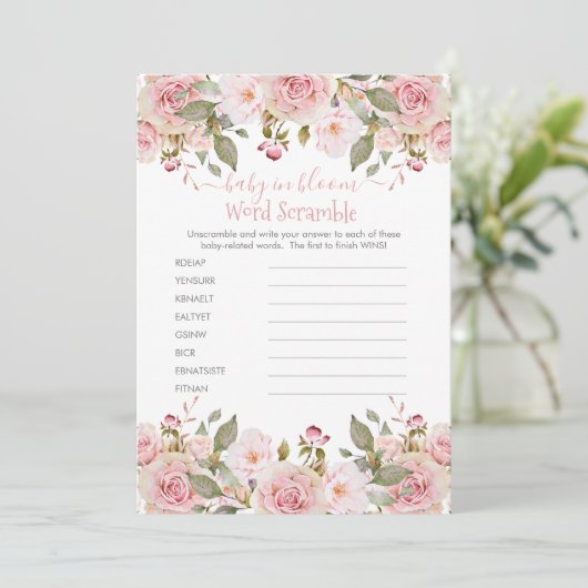 Roze Floral Baby shower Word Scramble Game Kaart (Staand voorkant)