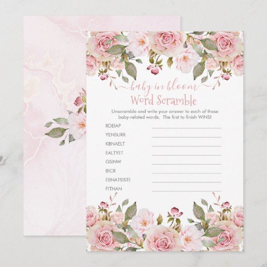 Roze Floral Baby shower Word Scramble Game Kaart (Voorkant / Achterkant)