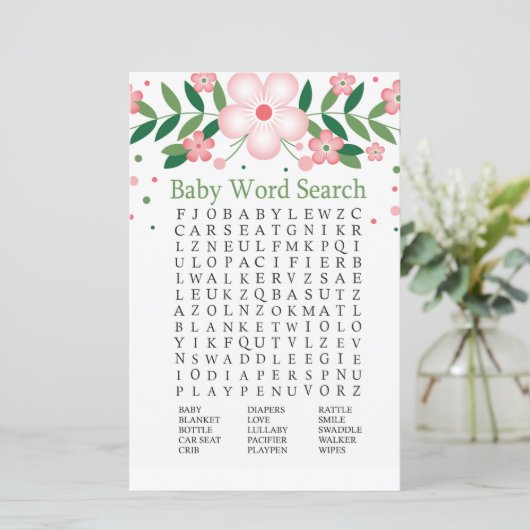 Roze Floral Baby shower Word Search Game (Staand voorkant)
