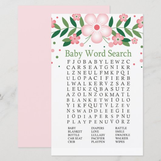Roze Floral Baby shower Word Search Game (Voorkant / Achterkant)