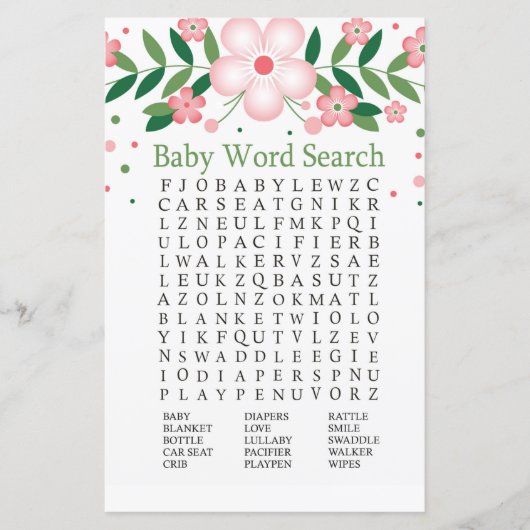 Roze Floral Baby shower Word Search Game (Voorkant)