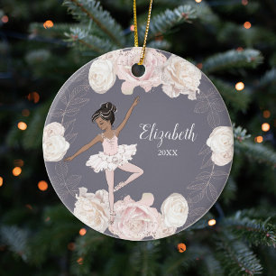 Roze Floral Ballerina Black Hair Girl gepersonalis Keramisch Ornament