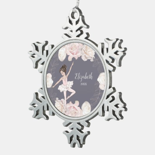 Roze Floral Ballerina Brown Hair Girl gepersonalis Tin Sneeuwvlok Ornament (Rechts)