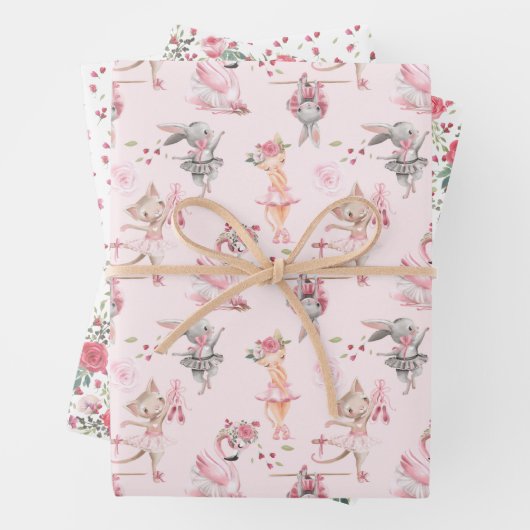 Roze Floral Ballerina Bunny en Kat Inpakpapier Vel (In situ)