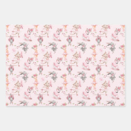 Roze Floral Ballerina Bunny en Kat Inpakpapier Vel