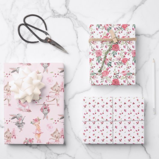 Roze Floral Ballerina Bunny en Kat Inpakpapier Vel (Voorkant)