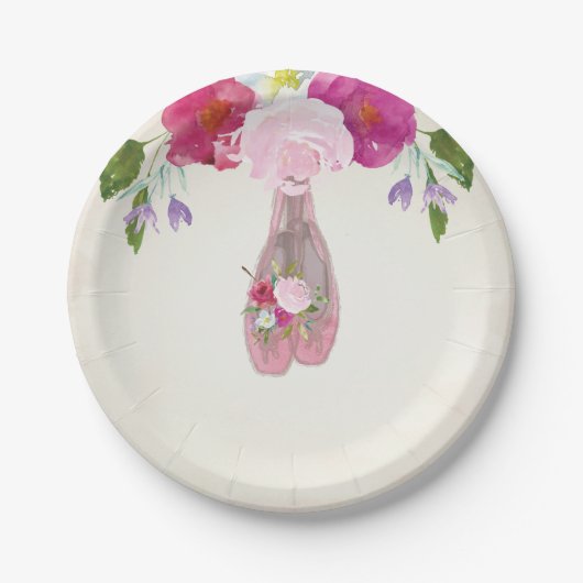Roze Floral Ballerina First Birthday 7" Bord (Voorkant)