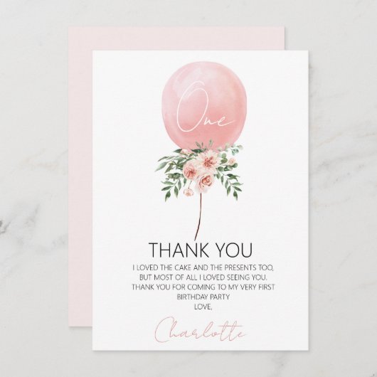 Roze Floral ballon Eerste verjaardag Hartelijk dan Kaart (Voorkant / Achterkant)