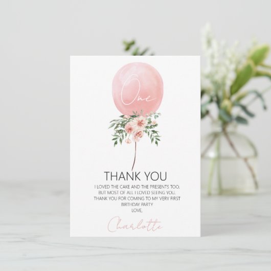 Roze Floral ballon Eerste verjaardag Hartelijk dan Kaart (Staand voorkant)