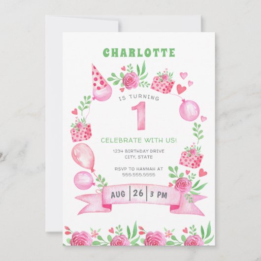 Roze Floral Balloons 1e eerste uitnodiging van de  (Voorkant)