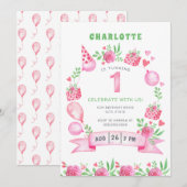 Roze Floral Balloons 1e eerste uitnodiging van de  (Voorkant / Achterkant)