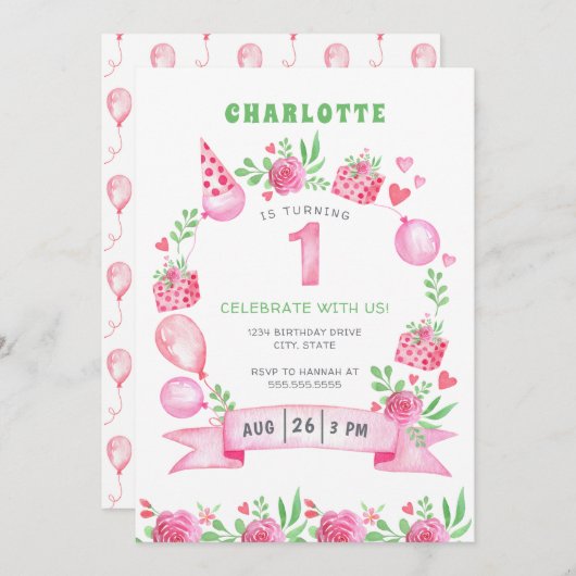 Roze Floral Balloons 1e eerste uitnodiging van de  (Voorkant / Achterkant)