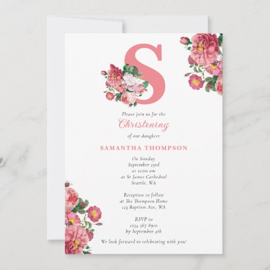 Roze Floral Baptism Christening Baby Girl Initiale Kaart (Voorkant)