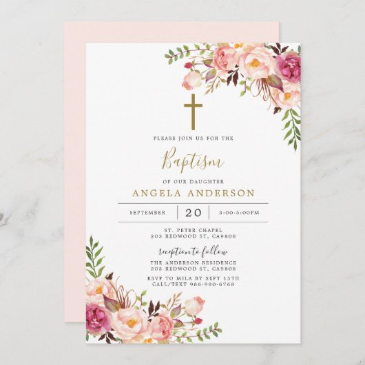 Roze Floral Baptism/Christening Uitnodiging (Voorkant / Achterkant)