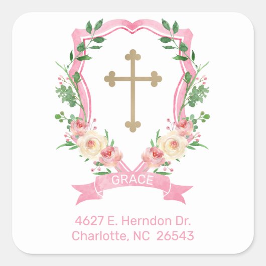 Roze Floral Baptism Return Address Vierkante Sticker (Voorkant)