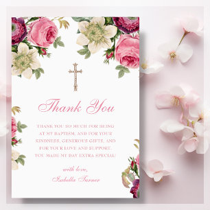 Roze Floral   Baptisme - Hartelijk dank Bedankkaart