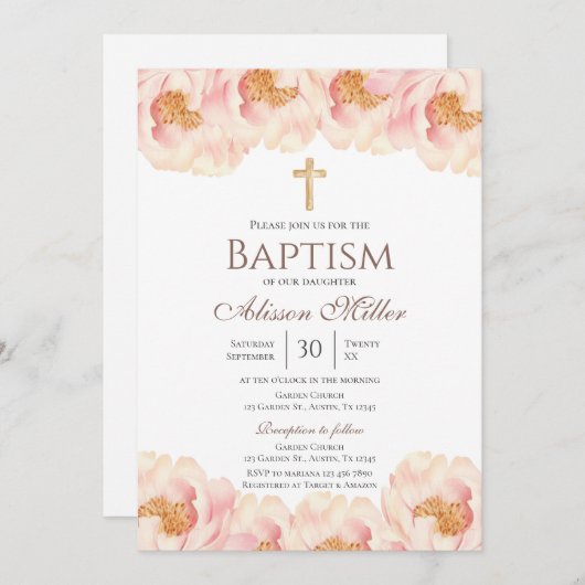 Roze Floral Baptisme Kaart (Voorkant / Achterkant)