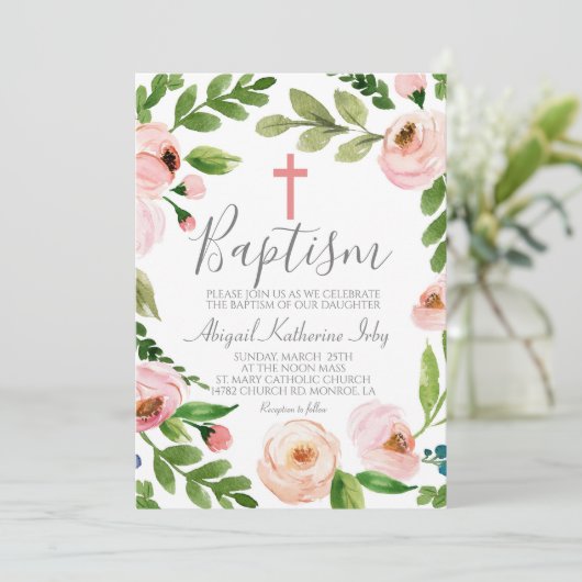 Roze Floral Baptisme Kaart (Staand voorkant)