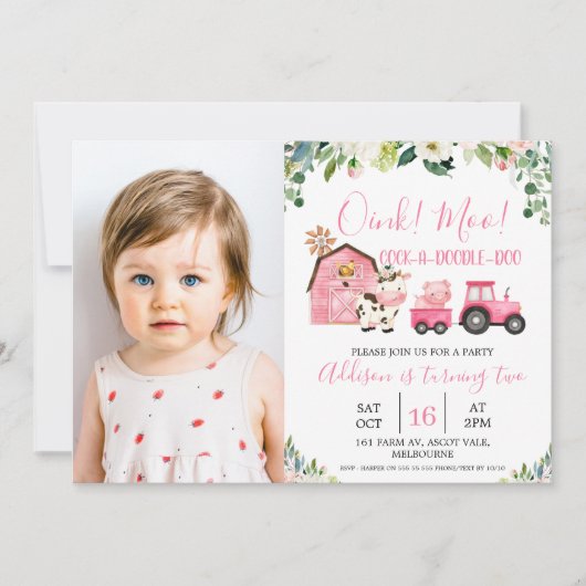 Roze Floral Barn Tractor Boerderij Birthday Foto Kaart (Voorkant)