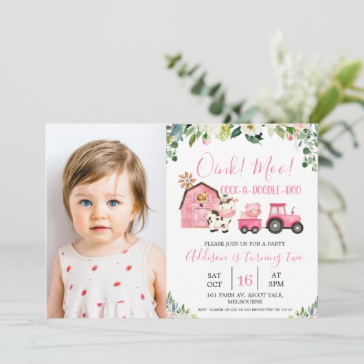 Roze Floral Barn Tractor Boerderij Birthday Foto Kaart (Staand voorkant)