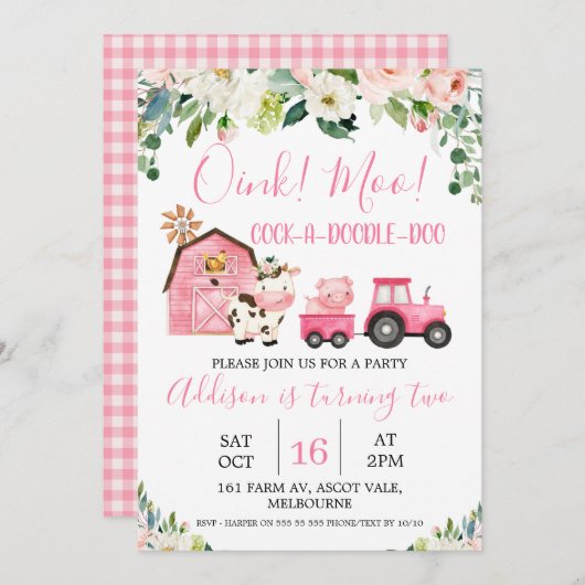 Roze Floral Barn Tractor Boerderij Birthday Uitnod Kaart (Voorkant / Achterkant)