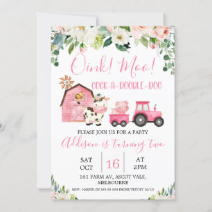 Roze Floral Barn Tractor Boerderij Birthday Uitnod Kaart