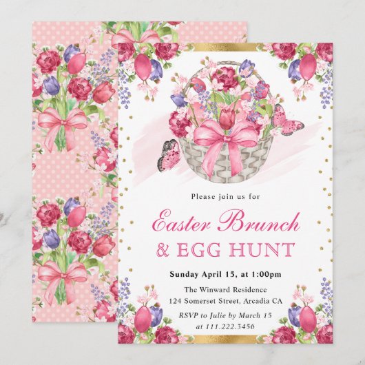 Roze Floral Basket en Butterflies Easter Brunch Kaart (Voorkant / Achterkant)
