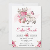Roze Floral Basket en Cute Lamb Easter Brunch Kaart (Voorkant)