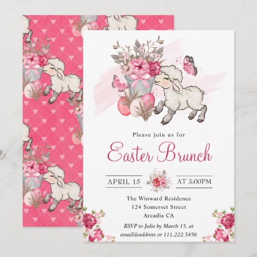 Roze Floral Basket en Cute Lamb Easter Brunch Kaart (Voorkant / Achterkant)