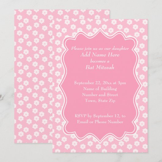 Roze Floral Bat Mitzvah Kaart (Voorkant / Achterkant)