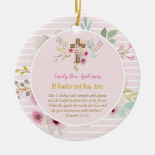 Roze Floral BAUTIZO Baptisme Bijbel Verse Foto Gir Keramisch Ornament