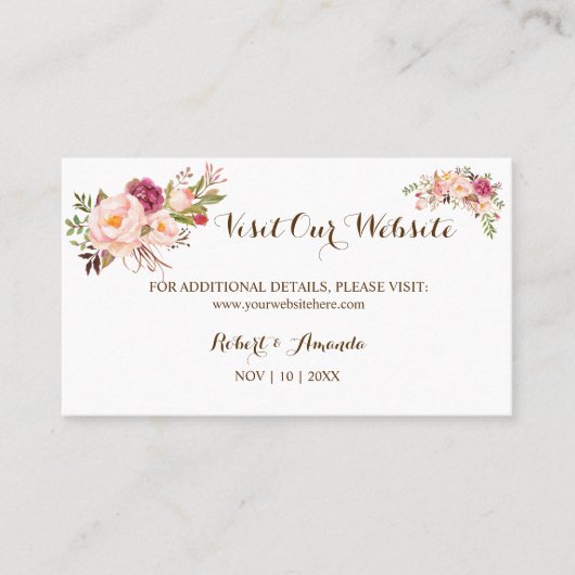 Roze Floral Bezoek onze website Wedding insert car Plaatskaartje (Voorkant)