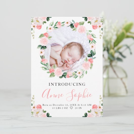 Roze Floral Birth Aankondiging Hartelijk dank (Staand voorkant)