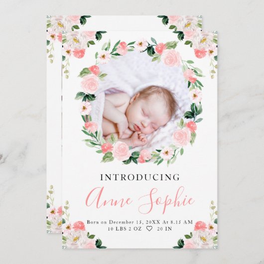 Roze Floral Birth Aankondiging Hartelijk dank (Voorkant / Achterkant)