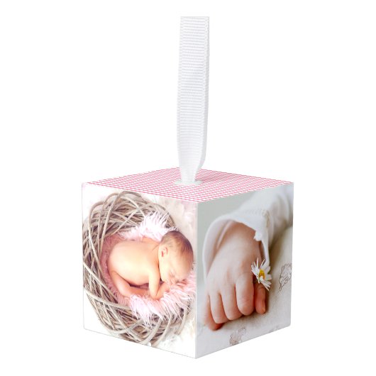 Roze Floral Birth Stats Custom Photos Ornament (Voorkant hoekig)