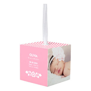 Roze Floral Birth Stats Custom Photos Ornament