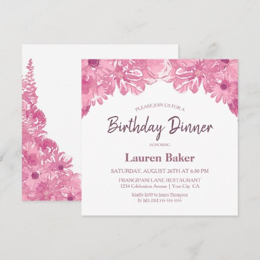 Roze Floral Birthday Dinner Party Invitation Kaart (Voorkant / Achterkant)