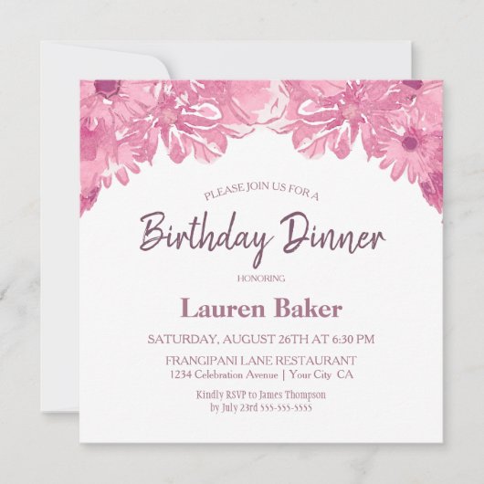 Roze Floral Birthday Dinner Party Invitation Kaart (Voorkant)