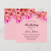 Roze Floral Birthday Party Invitation Kaart (Voorkant / Achterkant)