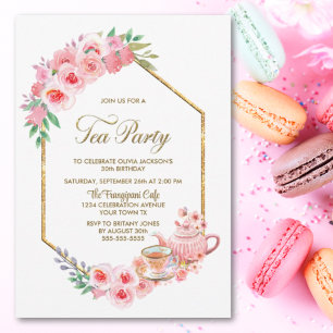Roze Floral Birthday Tea Party Invitation Kaart