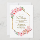 Roze Floral Birthday Tea Party Invitation Kaart (Voorkant)