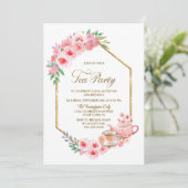 Roze Floral Birthday Tea Party Invitation Kaart (Staand voorkant)