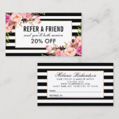 Roze Floral Black en White Striped Reference Visitekaartje (Voorkant / Achterkant)