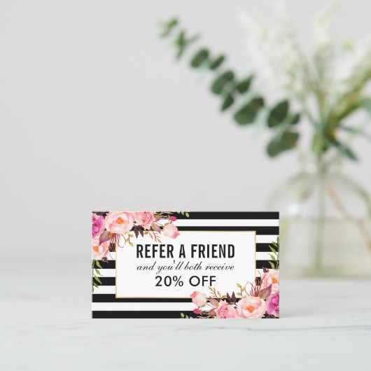 Roze Floral Black en White Striped Reference Visitekaartje (Staand voorkant)