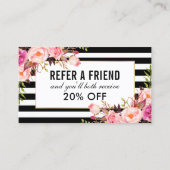 Roze Floral Black en White Striped Reference Visitekaartje (Voorkant)