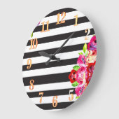Roze Floral Black en White Striped Wall Clock Grote Klok (Hoek)